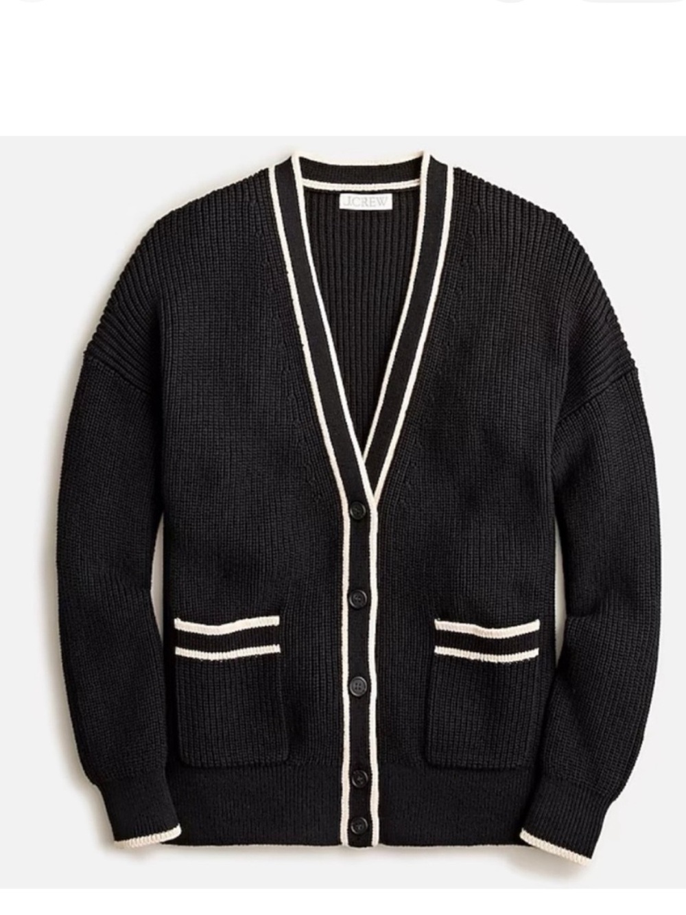 J. Crew Tipped B-Neck Black Cardigan with Cream Trim | Size XS